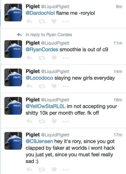 Algunos de los tuits de la cuenta de Piglet tras el hackeo