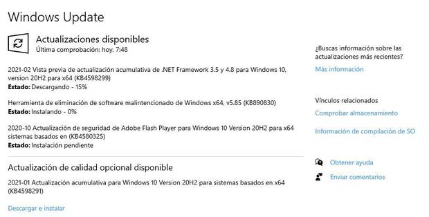 Imagen de la actualización opcional de Windows 10
