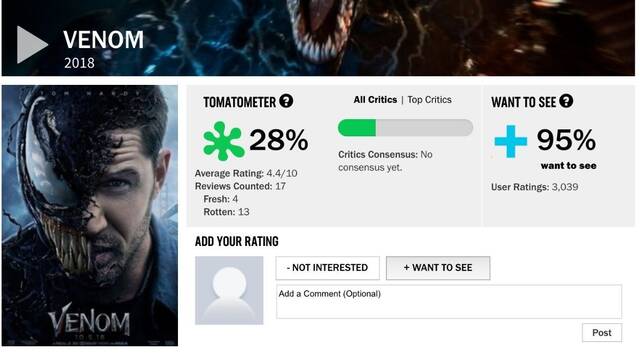 DESASTRE: 'Venom' obtiene 28% de 'frescor' en Rotten Tomatoes