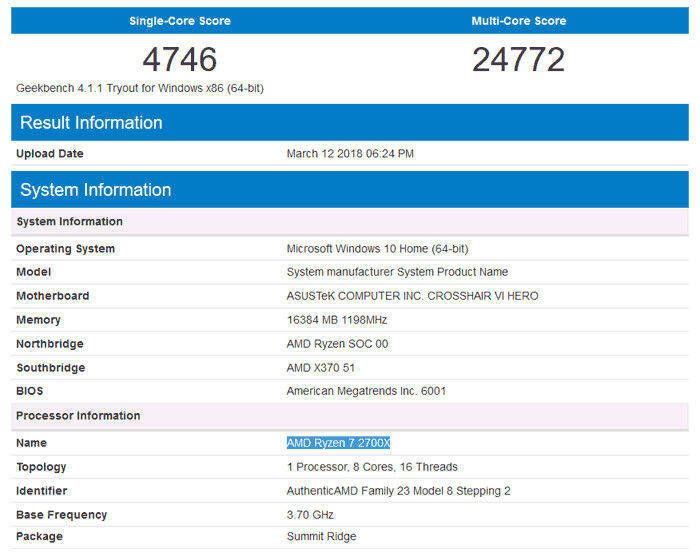 Puntuación y características del AMD Ryzen 7 2700X