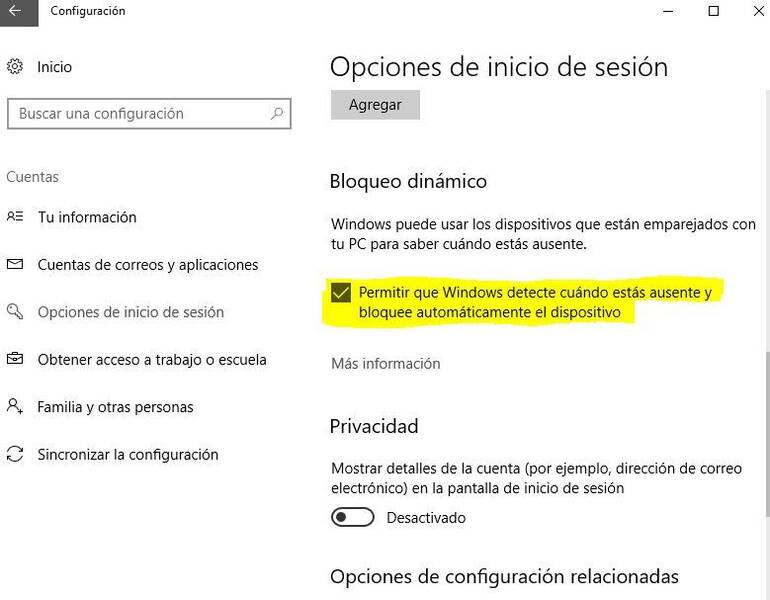 10. Hacemos scroll hacia abajo y seleccionamos la casilla: “Permitir que Windows detecte cuándo estás ausente y bloquee automáticamente el dispositivo”.