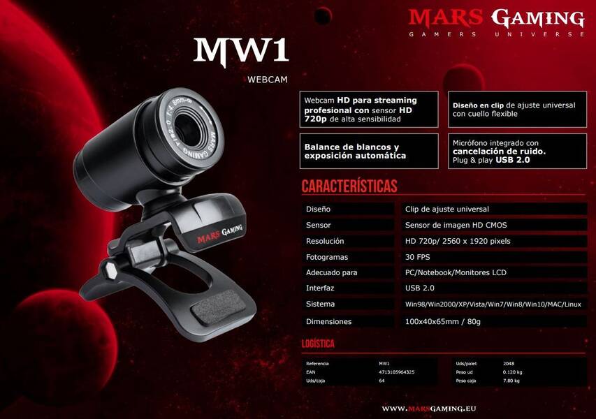 Características técnicas de la nueva cámara web de Mars Gaming.