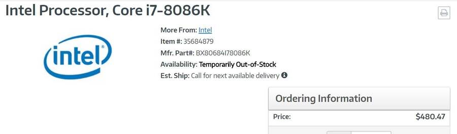 Imagen del Intel Core i7-8086K listado en una tienda online.
