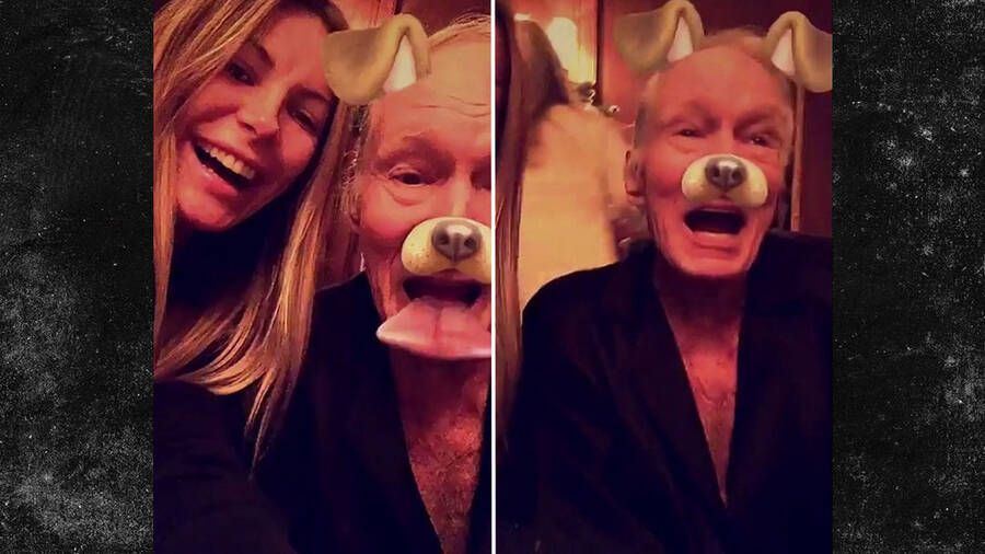 Hugh Hefner en Snapchat con Crystal, su actual esposa, y el famoso filtro del perrito.
