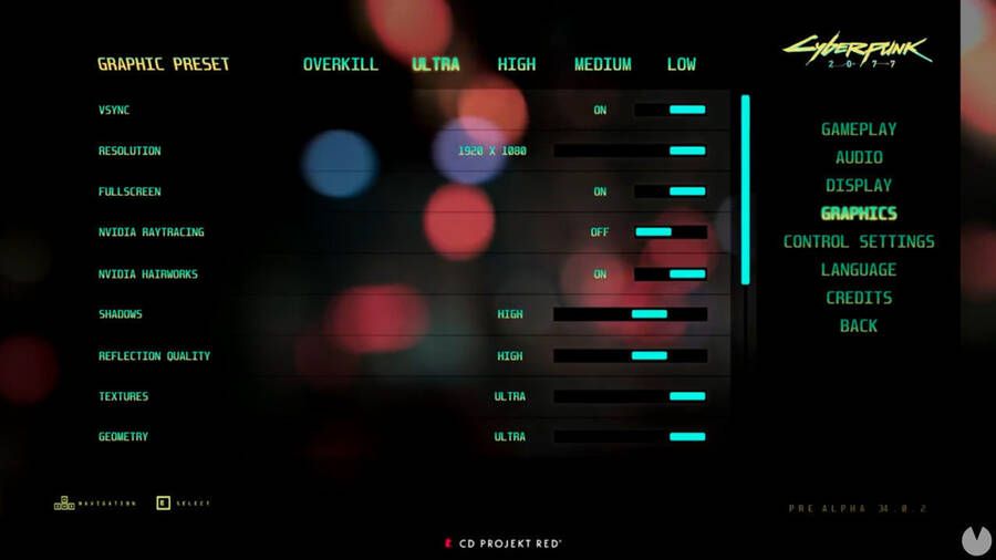 Opciones gráficas filtradas de Cyberpunk 2077.