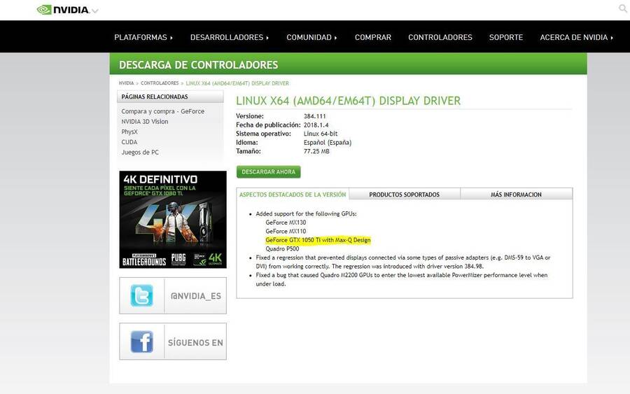 Imagen de la web de drivers de NVIDIA